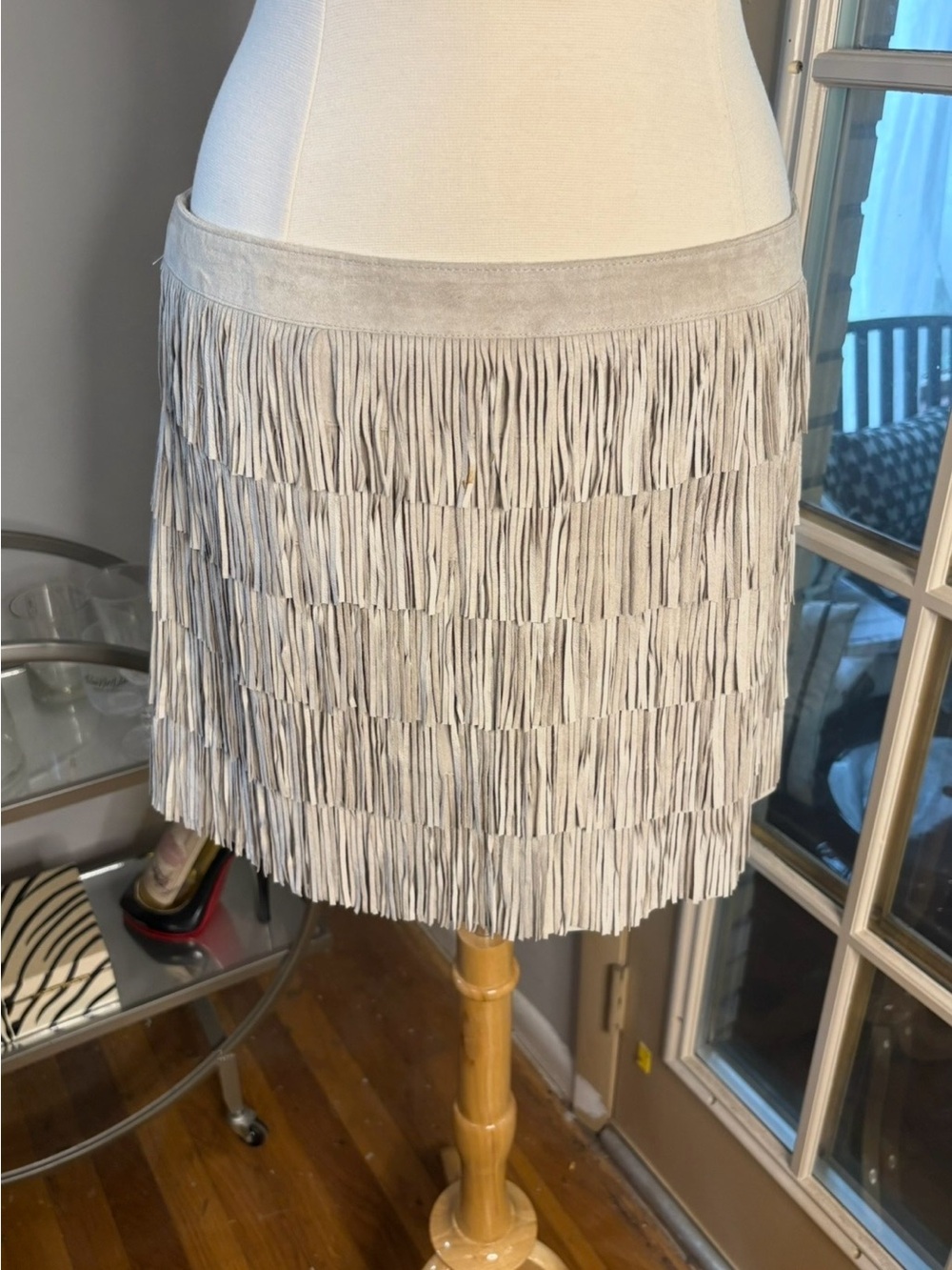Michael Kors Light Gray Suede Fringe Mini Skirt size 12